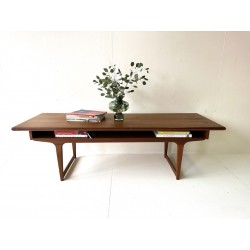 Large Teak Coffee Table 1780 in length, sleigh legs and inbuilt shelf. id 22